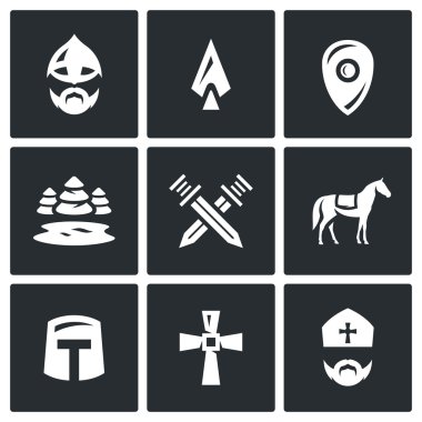 Vektör buz savaşı simgeler kümesi. Savaşçı, mızrak, kalkan, göl, orman, kılıç, Knight, Haçlı, Cross, rahip geçti.