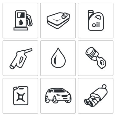 Vektör yakıt simgeler kümesi. Benzin istasyonu, benzin tankı, makine yağı, doldurma tabanca, Pistonlu Motor, teneke kutu, Araba, egzoz borusu.