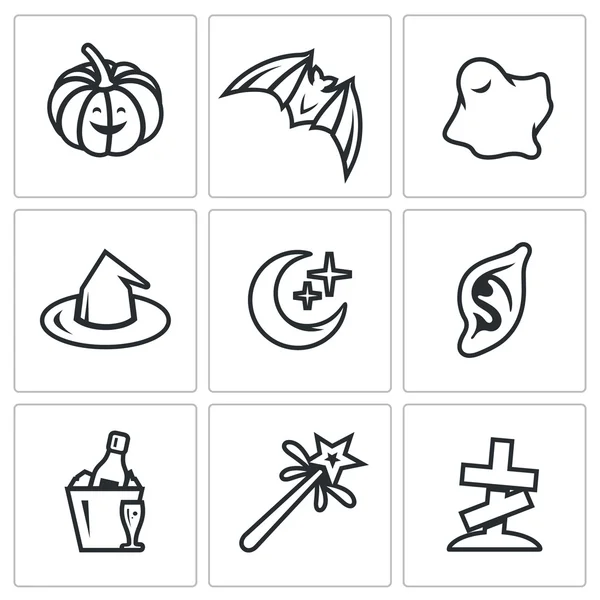 Vector Set of Halloween Icons. Pumpkin, bat, ghost, witch, night, vampire, party, magic, cemetery. — Stock Vector