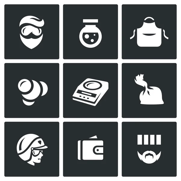 Vector Set of Drug Dealer Labs Icons. Laboratory, methamphetamine, manufacture, synthesis, dosage, dose, police, selling, sentence. — Stock Vector
