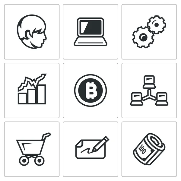 Vector Set of Cryptocurrency Icons. Programmer, Computer, Gear, Quote, Coin, Network, Buy, Check, Money. — Stock Vector