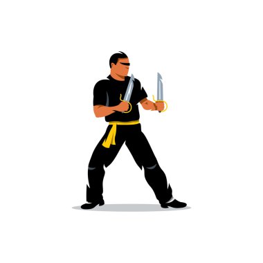 Wing Chun kung fu Master iki kılıç ile vektör. Karikatür Çizim.