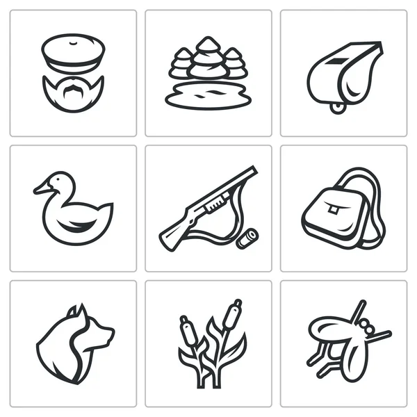 Vector Set of Hunting Icons. Hunter, nature, whistle, duck, rifle, bag, dog, cane, mosquito. — Stock Vector