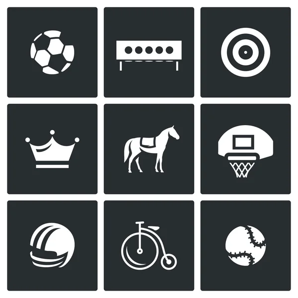 Vektor-Set von Sport-Symbolen. Fußball, Biathlon, Bogenschießen, Schach, Springen, Basketball, Fußball, Radfahren, Tennis. — Stockvektor