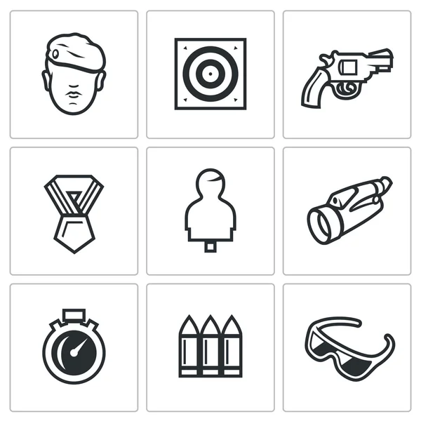 Vektor-Set von Schießstandsymbolen. Soldat, Schießen, Waffe, Auszeichnung, Schaufensterpuppe, Beobachtung, Geschwindigkeit, Arsenal, Sicherheit. — Stockvektor