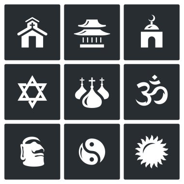 Vektör din simgeler kümesi. Katolik, Budizm, Islam, Yahudilik, Hıristiyanlık, Hinduizm, putperestlik, Taoizm, Pagan izm.