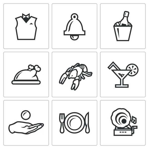 Vector Set of Restaurant Icons. Waiter, Call, Alcohol, Food, Delicacy, Drink, Tip, Laying, Music. — Stock Vector