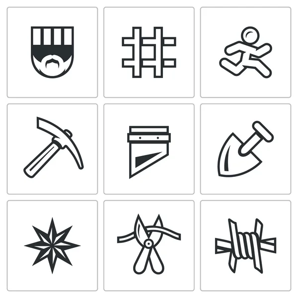 Vector Set of Prison Icons. Prisoner, Detention, Cell, Escape, Work, Death, Penalty, Thief-in-law, Sabotage, Isolation. — Stock Vector