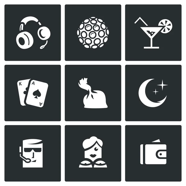 Vektor-Set von Nachtclub-Symbolen. Musik, Beleuchtung, Trinken, Spielen, Drogen, Nacht, Schutz, Tänzer, Finanzen. — Stockvektor