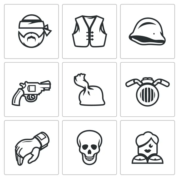 Vector Set of criminal Biker Club Icons. Biker, Jacket, Helmet, Weapon, Drugs, Motorcycle, Glove, Skull, Prostitution. — Stock Vector