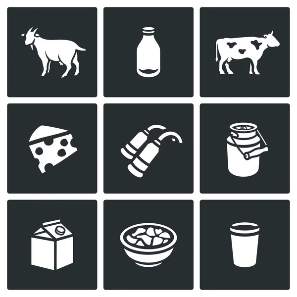 Ensemble vectoriel d'icônes de produits laitiers. Animaux, Bouteille, Bovins, Fabrication de fromage, Traite, Capacité, Emballage, Fromage, Echantillon . — Image vectorielle