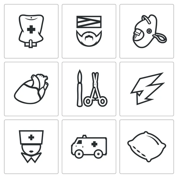 Vector Set of Hospital Icons. Drip, Patient, Mask, Heart, Scalpel and Scissors, Electric Discharge, Nurse, Ambulance, Pillows. — Stock Vector