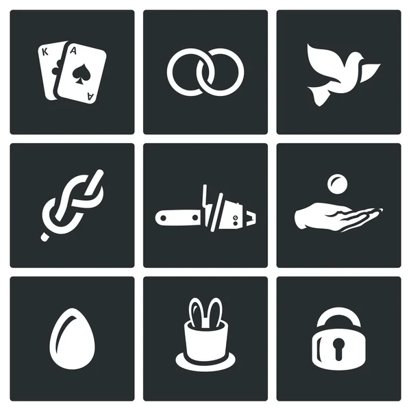 Vector Set of Magic and Illusion Icons. Deck, Focus, Bird, Rope, Sawing, Finance, Product, Prop, Locked. — Stock Vector