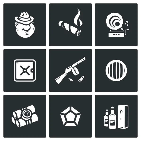 Conjunto de vectores de ícones Gangster. Máfia, Tabaco, Música, Finanças, Armas, Veículos, Explosivo, Jóias, Comércio . — Vetor de Stock