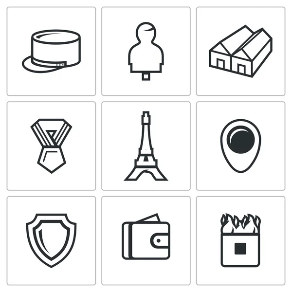 Vector Set of French Legion Icons. Kepi, Target, Barracks, Order, Eiffel Tower, Deployment, Security, Payment, Obstacle. — Stock Vector