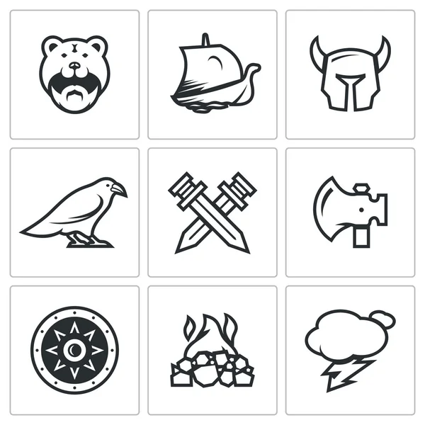 Vector uppsättning Viking ikoner. Krigare, fartyg, Ammunition, Gud, strid, vapen, skydd, begravning, väder. — Stock vektor