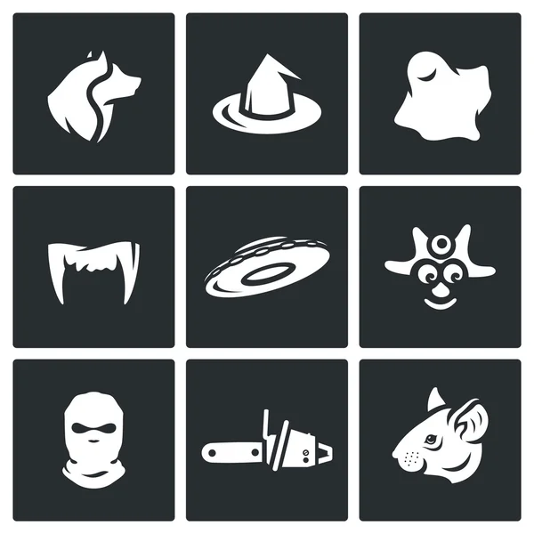 Conjunto vectorial de iconos del miedo. Hombre Lobo, Bruja, Fantasmas, Vampiro, OVNI, Caníbal, Criminal, Maniaco, Rata . — Vector de stock