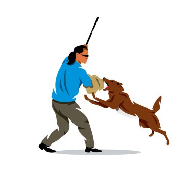 Vektör Köpek eğitimi. Evcil hayvanı ve insanı ısırıyor. Karikatür İllüstrasyon.