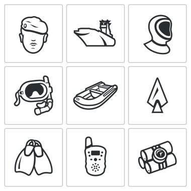 Vektör komando simgeler kümesi. Asker, gemi, dalış elbisesi, sualtı maskesi, tekne, zıpkın, palet, radyo, dinamit.