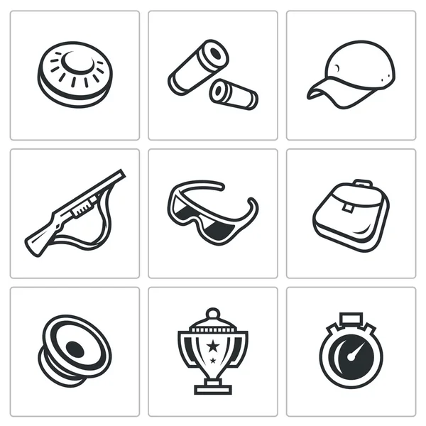 Vector Set of Clay Shooting Icons. Plate, Bullet, Cap, Gun, Glasses, Bag, Speaker, Cup, Stopwatch. — Stock Vector