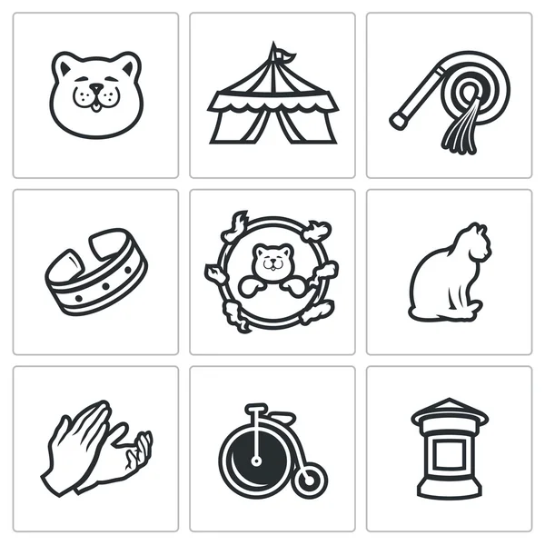 Conjunto vetorial de ícones de circo de gato. Gatinho, Barraca, Chicote, Colar, Acrobacia, Aplausos, Bicicleta, Cartaz . — Vetor de Stock