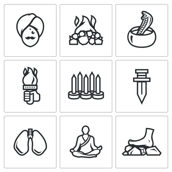 Vector Set of Indian Yoga Icons. Yogi, Burning coal, Fakir, Fire, Walking on nails, Swallowing a knife, Breathing technique, Meditation. — Stock Vector