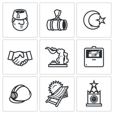 Türkiye ve Rusya Federasyonu simgeler vektör kümesi. Turk, gaz boru hattı, kat, anlaşma, gaz-tutucu, Hub, sözleşme, inşaat, turizm, Moskova.