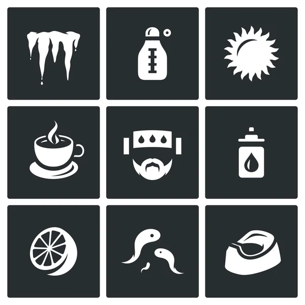 Vector Set van iconen van de ziekte. Koeling, neerzet temperatuur, warmte, geneeskunde, hoofdpijn, nasaal, citroen, bloedzuigers, diarree. — Stockvector