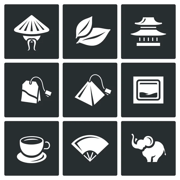 Conjunto vectorial de iconos del té. China, Hoja, Templo, Bolsita de té, Copa, Ceremonia, Elefante — Vector de stock