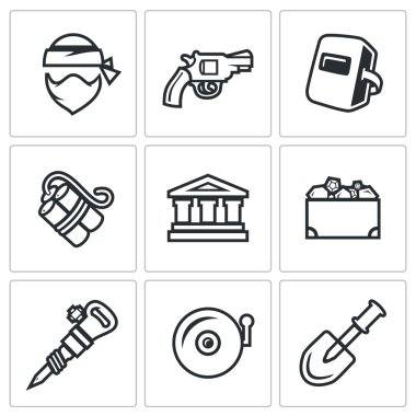 Vector Set of Bank Robbery Icons. Thief, Weapon, Welder, Explosive, Bank, Treasure, Equipment, Security System, Underpass. clipart