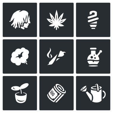 Vector Set of Rastaman Icons. Dreadlocks, Marijuana, Light, Smoking, Drug, Bong, Hydroponics, Money, Farm. clipart