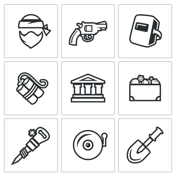 Vector Set of Bank Robbery Icons. Thief, Weapon, Welder, Explosive, Bank, Treasure, Equipment, Security System, Underpass. — Stock Vector