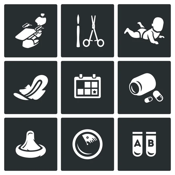 Vector Set of Abortion Icons. Equipment, Surgery, Birth, Monthly, Date, Medicine, Contraception, Diagnosis, Test. — Stock Vector