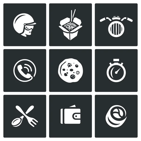 Conjunto vectorial de iconos de entrega. Mensajería, Comida, Transporte, Pedido, Pizza, Velocidad, Cubertería, Pago, Sushi . — Archivo Imágenes Vectoriales