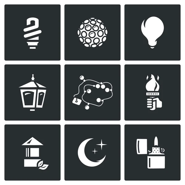 Vector Set of Lighting Icons. Powersave lamp, Lumiere, Incandescent, Street light, Garland, Torch, Architectural, Moonlight, Lighter. — Stock Vector