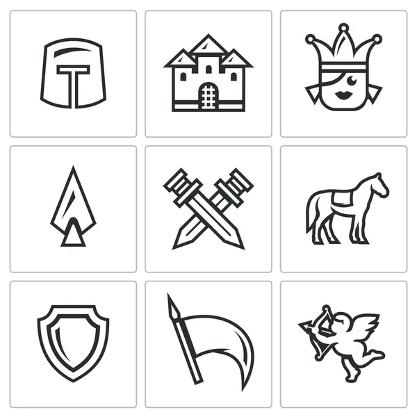 Conjunto vetorial de ícones do reino. Cavaleiros, Castelos, Princesas, Armas, Batalha, Cavalos, Proteção, Banner, Amor . — Vetor de Stock