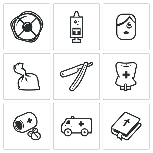 Vector Set van drugs overdosis iconen. Helpen, dosis, Addict, heroïne, scheerapparaat, ziekenhuis, geneeskunde, Ambulance, religie. — Stockvector