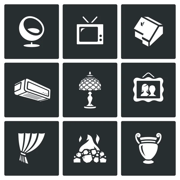 Vector Set of House and Interior items Icons. Chair, TV, Home, Conditioner, Lamp, Picture, Curtain, Fireplace, Vase. — Stock Vector