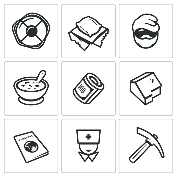 Vector Set of Homeless Icons. Help, Homelessness, Tramp, Food, Benefit, Housing, Document, Medical, Employment. — Stock Vector