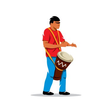 Vektör adam davul çalmaya. Brezilya müziği çizgi film illüstrasyon.