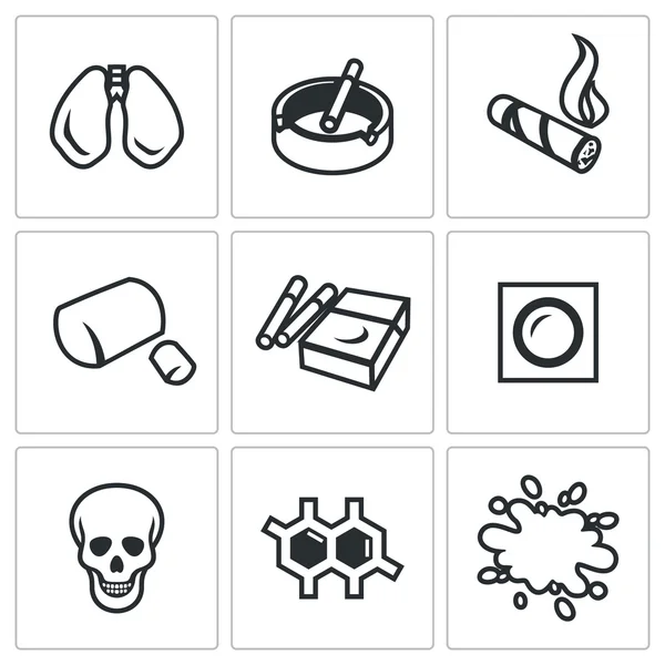 Vettoriale Set di icone del fumo e del cancro. Polmoni, posacenere, sigaro, gomma, pacchetto, toppa, morte, DNA, sangue . — Vettoriale Stock