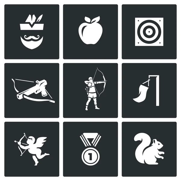 Vector Set de Iconos de Tiro con Arco. Robin Hood, Manzana, Blanco, Ballesta, Shooter, Viento, Amur, Medalla, Ardilla . — Vector de stock