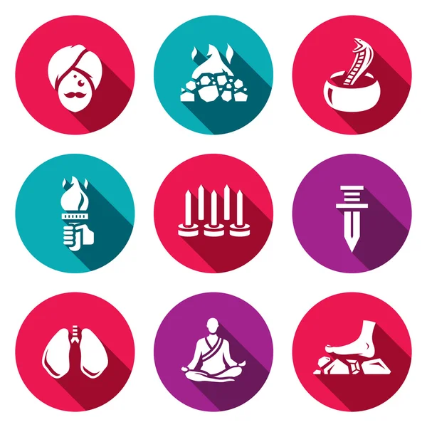 Set vettoriale di icone indiane di yoga. Yogi, Carbone ardente, Fachiro, Fuoco, Camminare sulle unghie, Deglutire un coltello, Tecnica di respirazione, Meditazione . — Vettoriale Stock