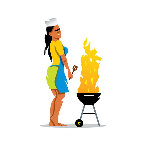 Vector meisje en barbecue Cartoon afbeelding. — Stockvector
