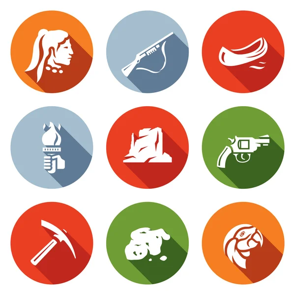 Vector uppsättning Redskin ikoner. Röd gubbe, hagelgevär, kanot, ficklampa, Canyon, Revolver, gruvdrift, guld, papegoja. — Stock vektor
