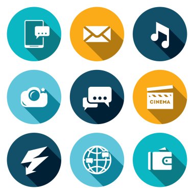Vektör akıllı telefon simgeler kümesi. Telefon, mesaj, müzik, fotoğraf, sohbet, Film, egzersiz, Internet, çanta.
