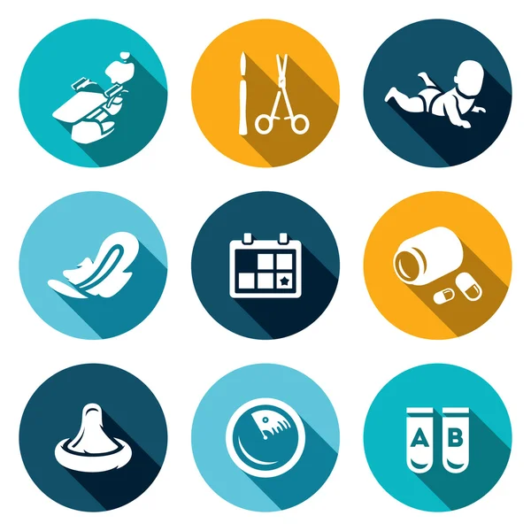 Vector Set of Abortion Icons. Equipment, Surgery, Birth, Monthly, Date, Medicine, Contraception, Diagnosis, Test. — Stock Vector