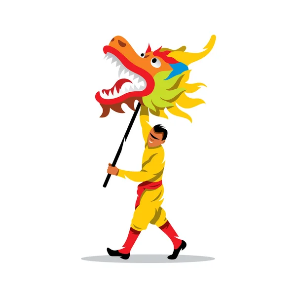 Dragón chino y hombre bailando — Vector de stock