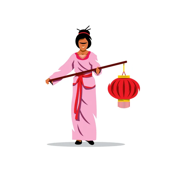 Mujer asiática con linterna — Vector de stock