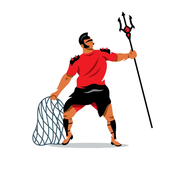 Gladiateur vectoriel avec trident et filet Illustration de bande dessinée . — Image vectorielle